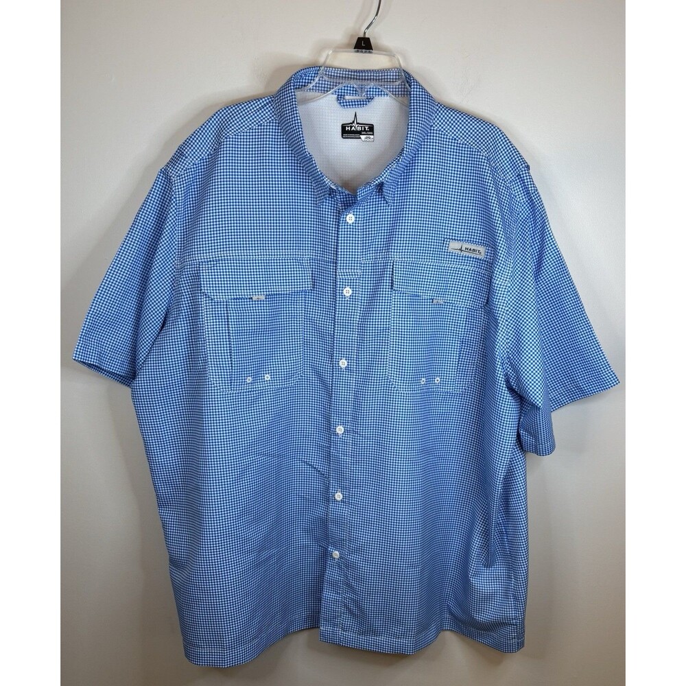 HABIT Mens Shirt 3XL Outdoor Fishing Short Sleeve Button Blue White Plaid UPF40